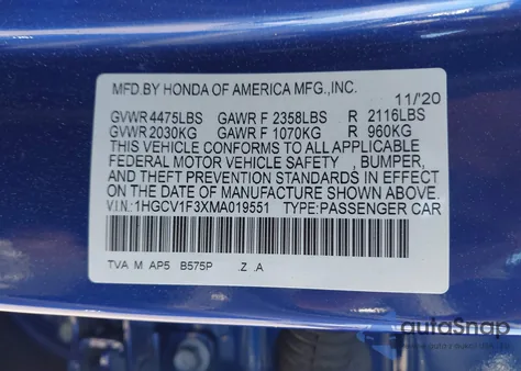 2021 Honda Accord Sport z USA, uszkodzony, nr VIN 1HGCV1F3XMA019551